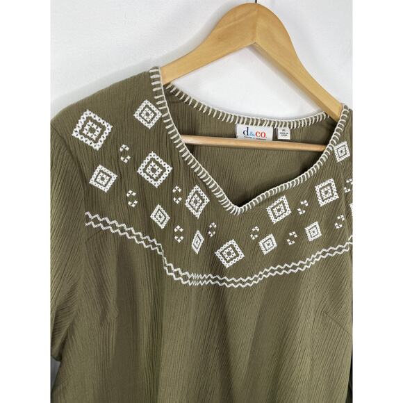 Denim & Co Womens Green Embroidered Tunic Size XL Boho Aztec 1/2 Sleeve Cotton - Picture 4 of 7